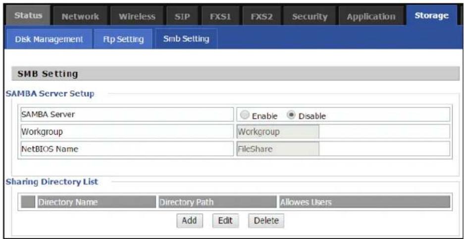 Status Network Wireless SIP FXS1 FXS2 Security Application Storage Disk Management Ftp Setting Smb Setting SMB Setting SAMBA Server Setup SAMBA Server Enable Disable Workgroup Workgroup NetBIOS Name FileShare Sharing Directory List Directory Name Directory Path Allows Users Add Edit Delete
