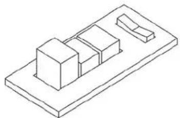 Isometric line drawing of a mechanical component with three blocks and a handle (no text or symbols)