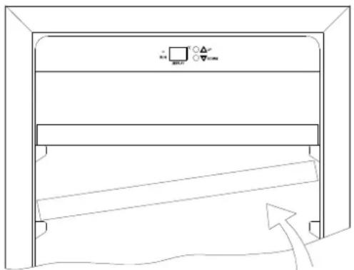 Technical diagram of a cabinet or rack with labeled components and directional arrows indicating movement or flow.