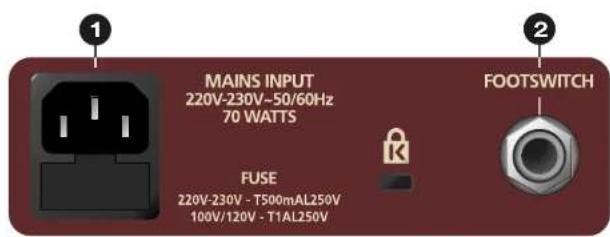 MAINS INPUT 220V-230V-50/60Hz 70 WATTS FOOTSWITCH FUSE 220V-230V - T500mA1250V 100V/120V - T1AL250V