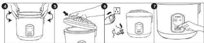 Illustration showing a cooking process with labeled steps: adding a rice pot, lifting a cup, and adding a digital thermometer.