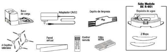 Base de carga Adaptador CA/CC Capillo de limpieza 4 Capillas laterales Parod virtual Control remoto Filtro HEPA Solo Modelo DE R-901 Depiesito de agua 2 Mops