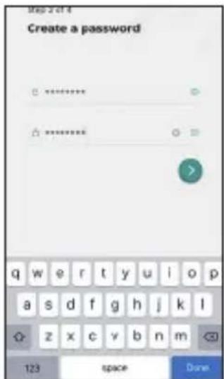 Step 2 of 4 Create a password Q ******** A ******** > q w e r t y u i o p a s d f g h j k l z x c v b n m 123 space Done