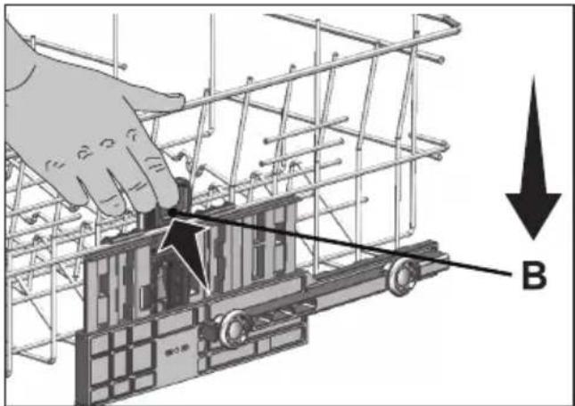 Technical diagram showing a hand operating a mechanical assembly with labeled component B and directional arrow