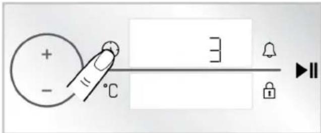 Diagram showing a hand pressing a button on a screen with temperature and control buttons including bell, lock, and playhead.