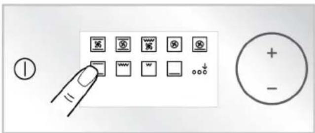 Diagram showing a hand pointing to a control panel with icons for buttons, next to a circle with plus and minus signs.
