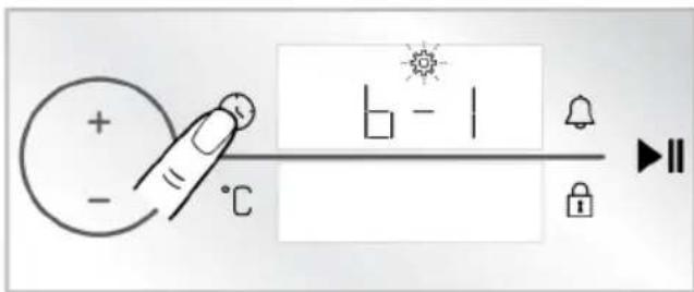 Diagram showing a hand pointing at a temperature indicator with icons for sun, bell, lock, and lockbell, alongside a play button labeled 'II'.