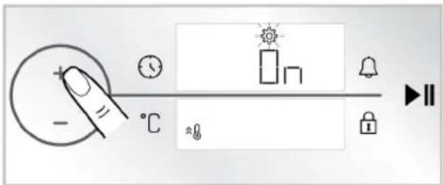 User interface screenshot showing a hand pointing at a temperature display with icons for warm/cooling, sun, battery, and lock.