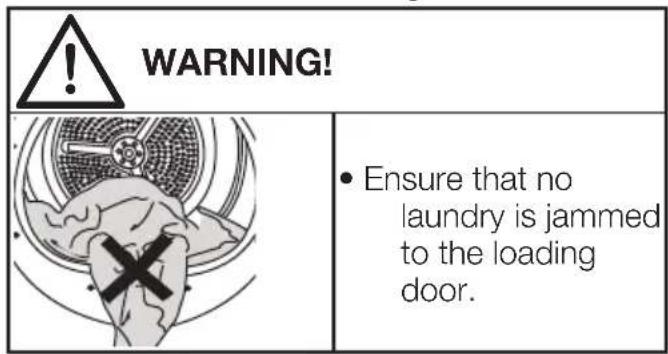 WARNING! • Ensure that no laundry is jammed to the loading door.