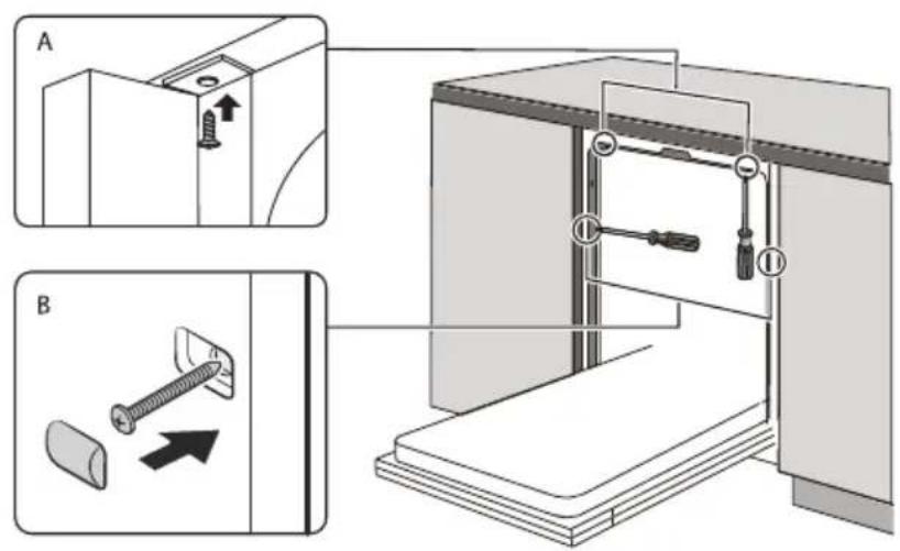 Technical diagram showing two views (A and B) of a mechanical assembly with screws, arrows indicating movement, and a close-up of the component.