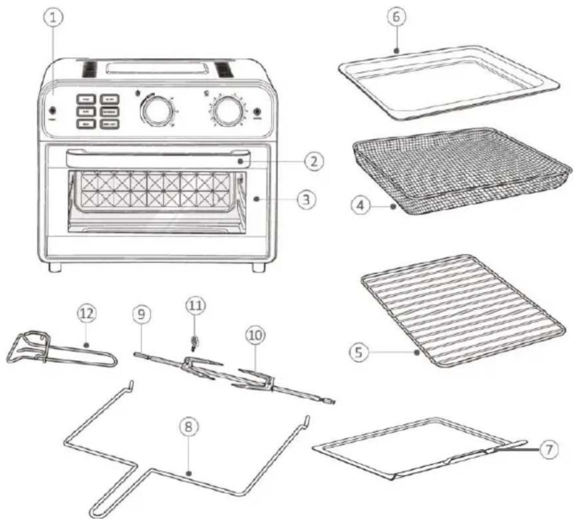 Exploded diagram of kitchen appliances with numbered parts for identification