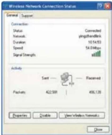 Wireless Network Connection Status General Support Connection Status Connected Network yingzhendlink Duration 10.14.53 Speed 54.0 Mbps Signal Strength Activity Send - - - Flaced Packets 422.599 | 406.128 Properties Enable View Wireless Network: Close