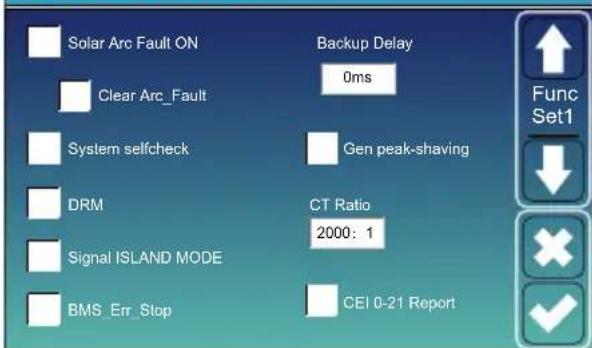 Solar Arc Fault ON Clear Arc_Fault System selfcheck DRM Signal ISLAND MODE BMS_Err_Stop Backup Delay 0ms Gen peak-shaving CT Ratio 2000: 1 CEI 0-21 Report Func Set1