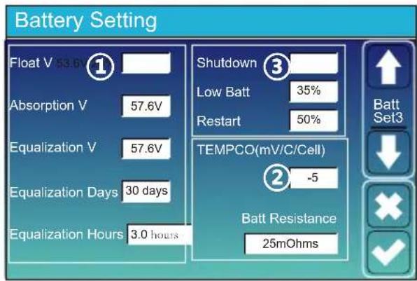 Battery Setting Float V 53.6 Absorption V 57.6V Equalization V 57.6V Equalization Days 30 days Equalization Hours 3.0 hours Shutdown Low Batt 35% Restart 50% TEMPCO(mV/C/Cell) -5 Batt Resistance 25mOhms Batt Set3