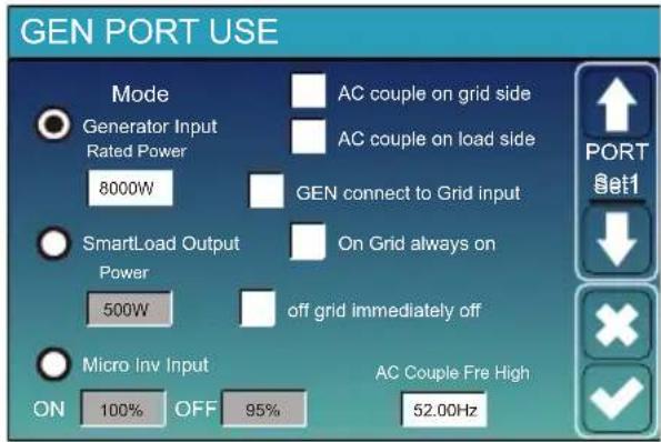 GEN PORT USE Mode AC couple on grid side Generator Input Rated Power 8000W AC couple on load side GEN connect to Grid input SmartLoad Output Power 500W On Grid always on off grid immediately off Micro Inv Input ON 100% OFF 95% AC Couple Fre High 52.00Hz PORT Set1