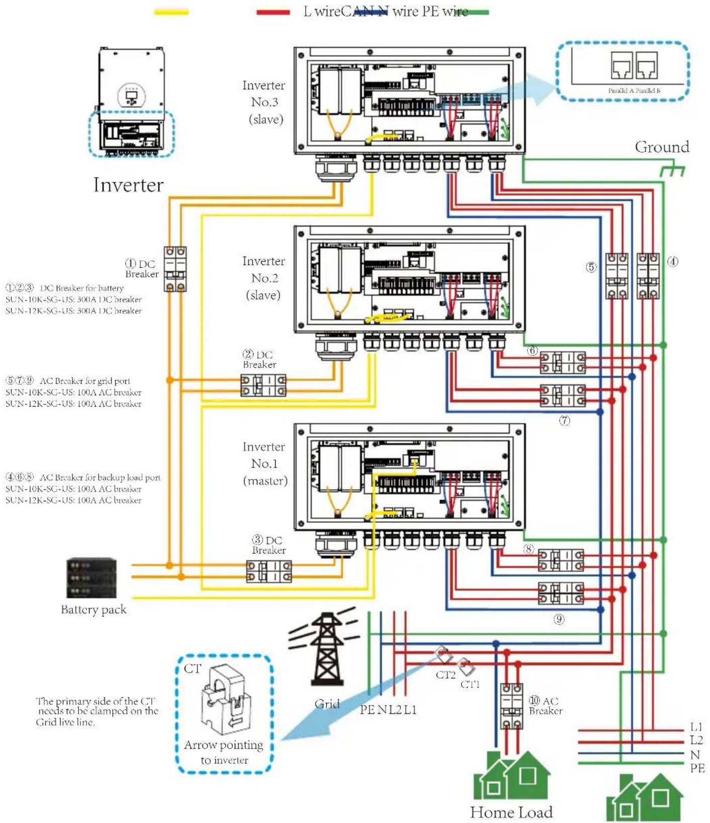 Deye SUN-5K-SG02LP2-US-AM2 - Split phase (120/240Vac) parallel connection diagram - 5