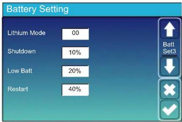 Battery Setting Lithium Mode 00 Shutdown 10% Low Batt 20% Restart 40% Batt Set3