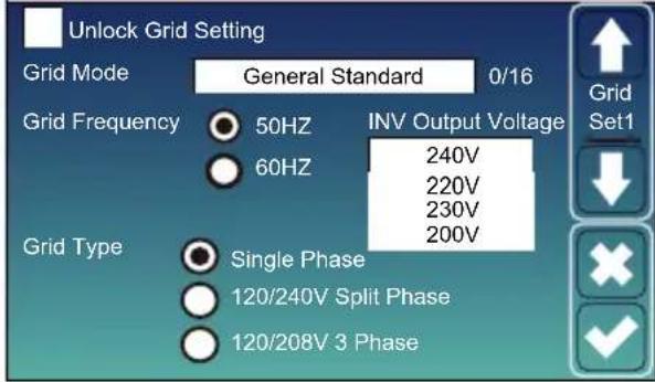 Unlock Grid Setting Grid Mode General Standard 0/16 Grid Frequency 50HZ INV Output Voltage 60HZ 240V 220V 230V 200V Grid Type Single Phase 120/240V Split Phase 120/208V 3 Phase