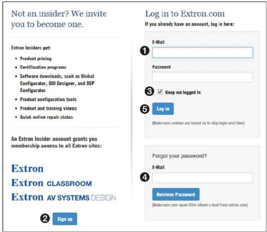 Not an insider? We invite you to become one. Log in to Extron.com If you already have an account, log in here: Extron Insiders get: • Product pricing • Certification programs • Software downloads, such as Global Configurator, GUI Designer, and DSP Configurator • Product configuration tools • Product and training videos • Quick online repair status An Extron Insider account grants you membership access to all Extron sites: Extron Extron CLASSROOM Extron AV SYSTEMS DESIGN ② Sign up ① E-Mail Password ③ ✓ Keep me logged In ⑤ Log in (Make sure cookies are turned on to skip login next time) ④ Forgot your password? E-Mail Retrieve Password (Make sure your spam filter allows e-mail from extron.com)