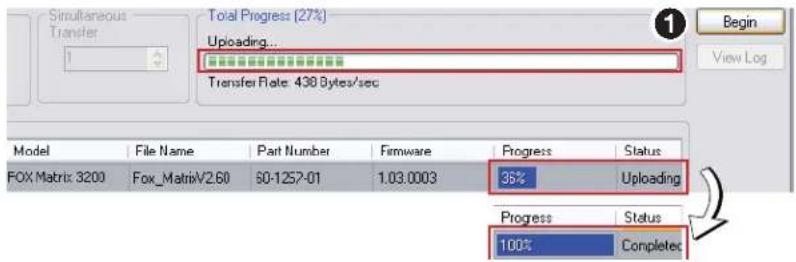 Simultaneous Transfer 1 Total Progress (27%) Uploading... Transfer Rate: 438 Bytes/sec Begin View Log Model File Name Part Number Firmware Progress Status FOX Matrix: 3200 Fox_MatrixV2.60 50-1257-01 1.03.0003 35% Uploading Progress Status 100% Complete