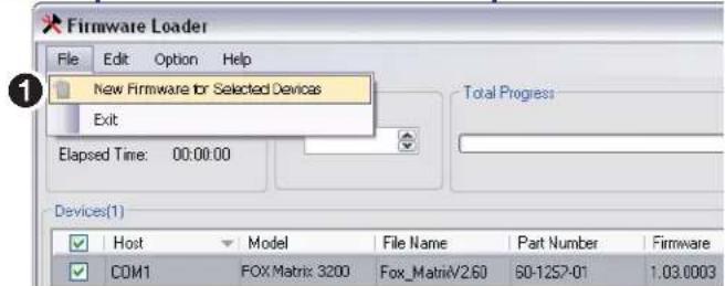 Firmware Loader File Edit Option Help New Firmware for Selected Devices Exit Elapsed Time: 00:00:00 Total Progress Devices(1) Host Model File Name Part Number Firmware COM1 FOX Matrix 3200 Fox_MatrixV2.60 50-1257-01 1.03.0003