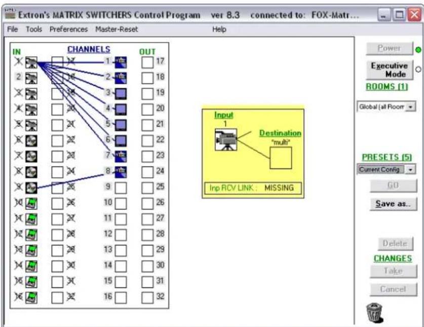 Extron's MATRIX SWITCHERS Control Program ver 8.3 connected to: FOX-Matr... File Tools Preferences Master-Reset Help IN CHANNELS OUT 1 17 2 18 3 19 4 20 5 21 6 22 7 23 8 24 Input 1 Destination "multi" Inp RCV LINK : MISSING Power Executive Mode ROOMS (1) Global (all Room) PRESETS (5) Current Config GO Save as... Delete CHANGES Take Cancel