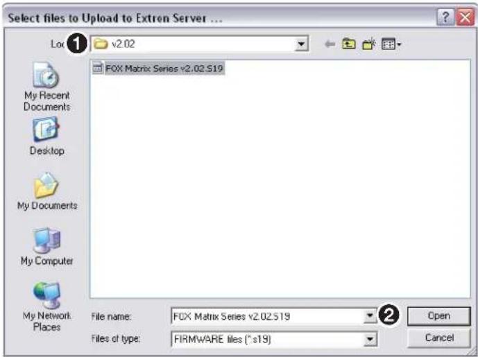 Select files to Upload to Extron Server ... Lot ① v2.02 FOX Matrix Series v2.02.S19 My Recent Documents Desktop My Documents My Computer My Network: Places File name: FOX Matrix Series v2.02.S19 Files of type: FIRMWARE files (~s19) Open Cancel