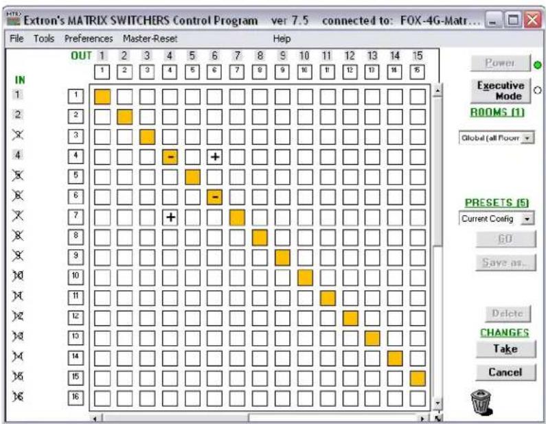 Extron's MATRIX SWITCHERS Control Program ver 7.5 connected to: FOX-4G-Matr... File Tools Preferences Master-Reset Help OUT 1 2 3 4 5 6 7 8 9 10 11 12 13 14 15 IN 1 2 3 4 5 6 7 8 9 10 11 12 13 14 15 Power Executive Mode ROOMS (1) Global (all Room PRESETS (5) Current Config GO Save as... Delete CHANGES Take Cancel