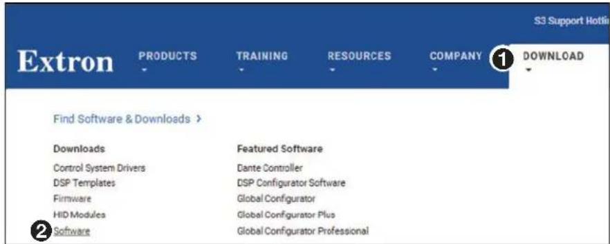 S3 Support Hotlin Extron PRODUCTS TRAINING RESOURCES COMPANY ① DOWNLOAD Find Software & Downloads > Downloads Featured Software Control System Drivers Dante Controller DSP Templates DSP Configurator Software Firmware Global Configurator HID Modules Global Configurator Plus Software Global Configurator Professional