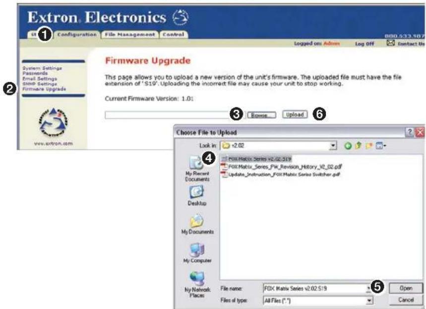 Extron Electronics st Configuration File Management Control 800.533.807 Logged on: Admin Log Off Contact Us System Settings Passwords Email Settings Dialog Settings Firmware Upgrade Firmware Upgrade This page allows you to upload a new version of the unit's firmware. The uploaded file must have the file extension of 'S19'. Uploading the incorrect file may cause your unit to stop working. Current Firmware Version: 1.01 Browse Upload Choose File to Upload Look in v2.02 FOX Matrix Series v2.02.S19 FOX Matrix_Series_FW_Revision_History_v2_02.pdf Update_Instruction_FOX Matrix Series Switcher.pdf My Recent Documents Desktop My Documents My Computer My Network Places File name: FDX Matrix Series v2.02.S19 Files of type: All Files ("") Open Cancel