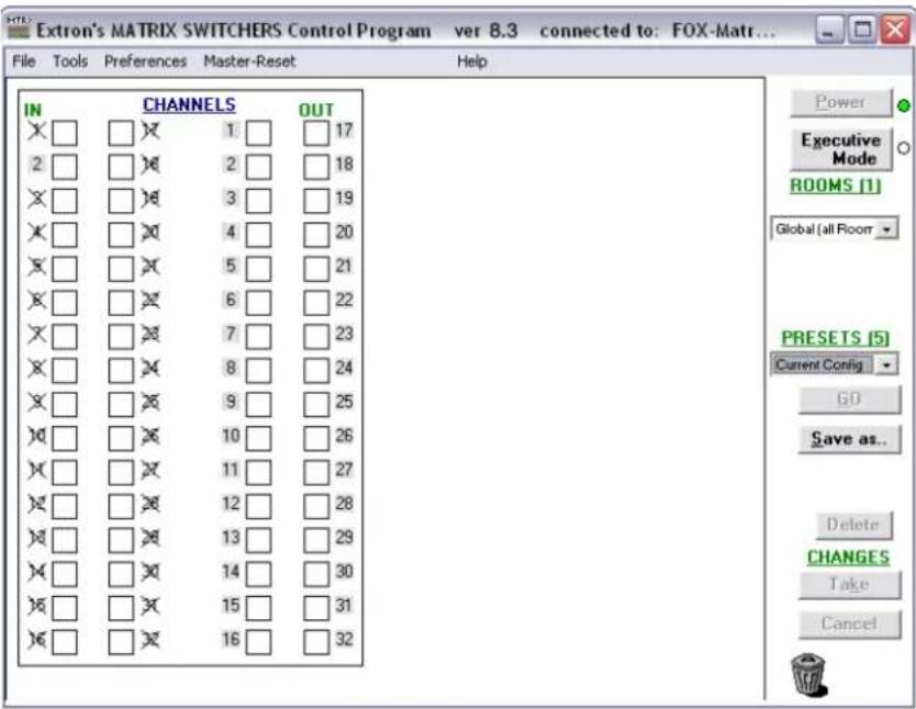 Extron's MATRIX SWITCHERS Control Program ver 8.3 connected to: FOX-Matr... File Tools Preferences Master-Reset Help IN CHANNELS OUT X □ X 1 □ 17 2 □ X 2 □ 18 X □ X 3 □ 19 X □ X 4 □ 20 X □ X 5 □ 21 X □ X 6 □ 22 X □ X 7 □ 23 X □ X 8 □ 24 X □ X 9 □ 25 X □ X 10 □ 26 X □ X 11 □ 27 X □ X 12 □ 28 X □ X 13 □ 29 X □ X 14 □ 30 X □ X 15 □ 31 X □ X 16 □ 32 Power Executive Mode ROOMS (1) Global (all Room) PRESETS (5) Current Config GO Save as.. Delete CHANGES Take Cancel