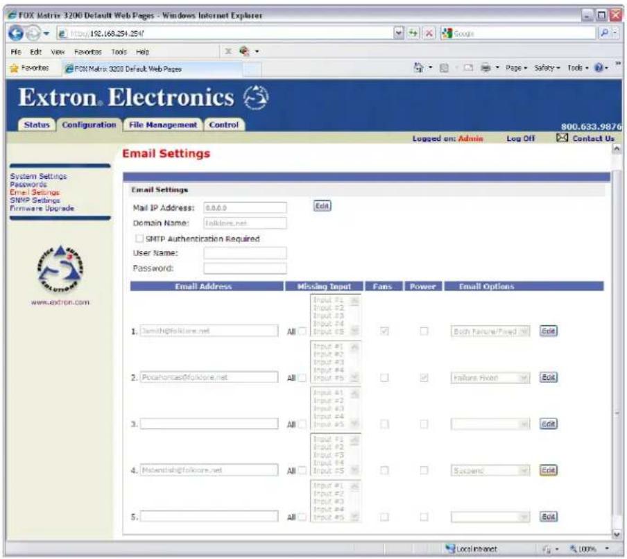 FOX Matrix 3200 Default Web Pages - Windows Internet Explorer File Edit View Favorites Tools Help Favorites FOX Matrix 3200 Default Web Pages Extron Electronics Status Configuration File Management Control 800.633.9876 Logged on: Admin Log Off Contact Us Email Settings Email Settings Mail IP Address: 8.0.0.0 Edit Domain Name: follicles.net SMTP Authentication Required User Name: Password: Email Address Missing Input Fans Power Email Options 1. Samith@folklore.net All Input #1 Input #2 Input #3 Input #4 Input #5 ✓ Both FutureFixed Edit 2. Pocahontao@folklore.net All Input #1 Input #2 Input #3 Input #4 Input #5 ✓ Failure Fixed Edit 3. All Input #1 Input #2 Input #3 Input #4 Input #5 ✓ Edit 4. Mabendish@folklore.net All Input #1 Input #2 Input #3 Input #4 Input #5 ✓ Suspend Edit 5. All Input #1 Input #2 Input #3 Input #4 Input #5 ✓ Edit LocalInternet 100%