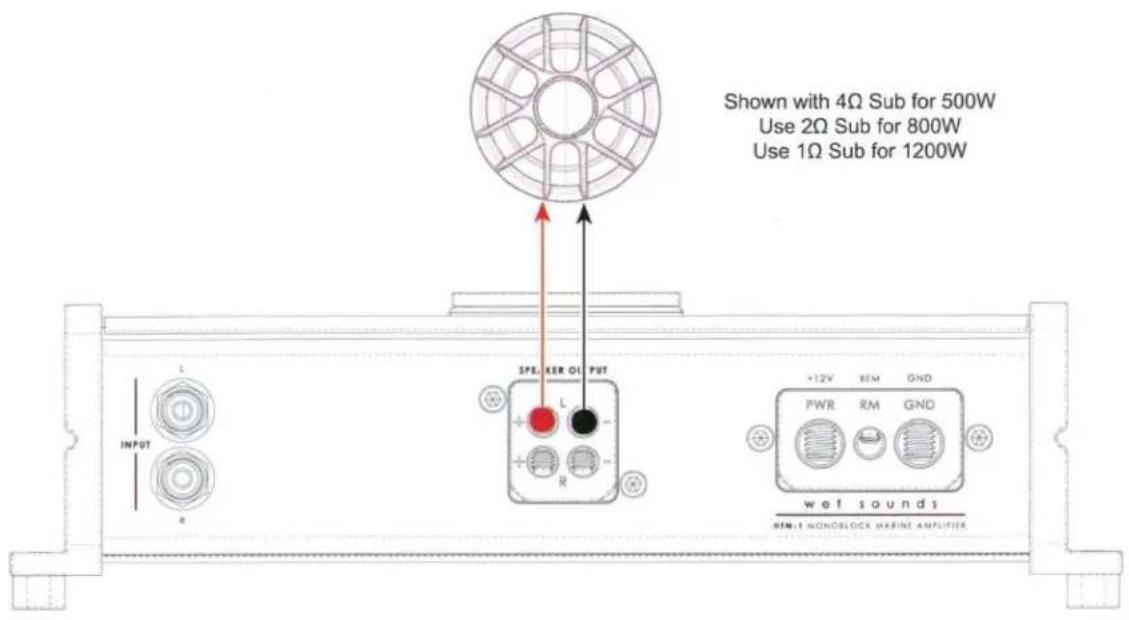 Shown with 4Ω Sub for 500W Use 2Ω Sub for 800W Use 1Ω Sub for 1200W L SPE, KER OL PVT L R +12V REM GND PWR RM GND wet sounds MIN:1 MONDBLOCK MARINE AMPLIFIER