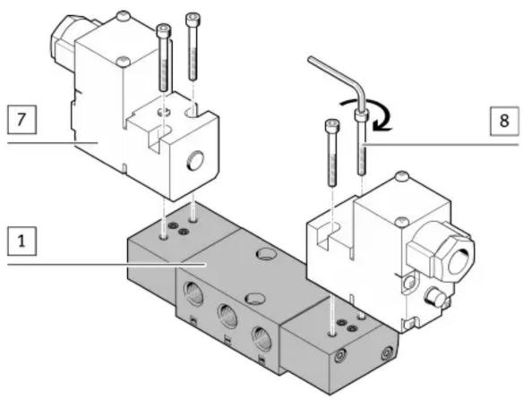 Technical diagram of a mechanical assembly with numbered components and directional arrows indicating motion or assembly.