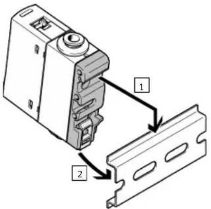Technical diagram showing a mechanical device with labeled parts 1 and 2, likely illustrating a component assembly or mounting process.