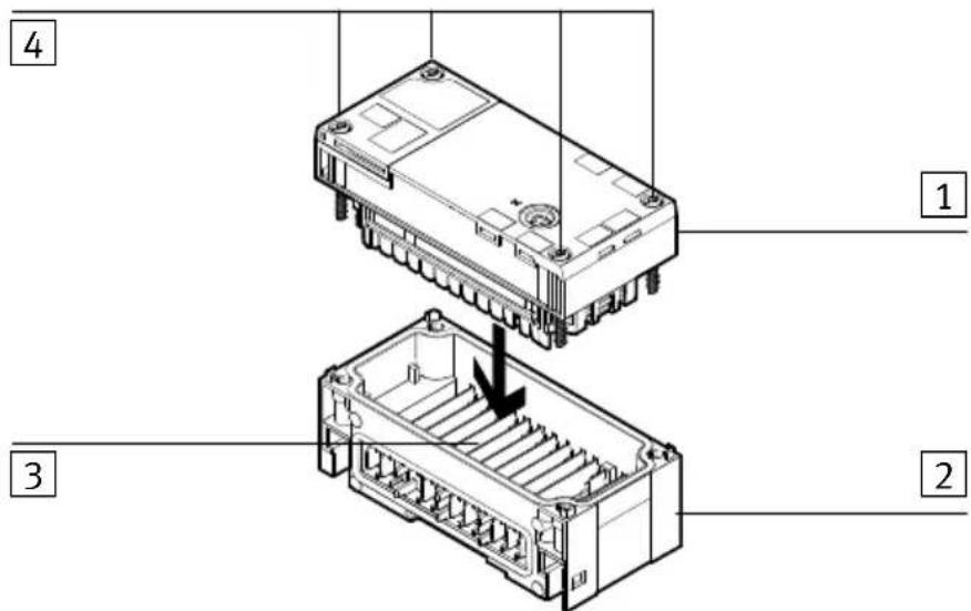 Technical diagram of an electronic device showing labeled components including a housing, internal structure, and mounting points.