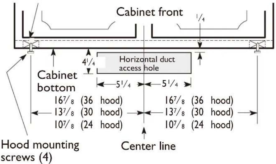 Cabinet front 4¼/₄ Horizontal duct access hole Cabinet bottom 5¼/₄ 5¼/₄ 16⁷/₈ (36 hood) 13⁷/₈ (30 hood) 10⁷/₈ (24 hood) 16⁷/₈ (36 hood) 13⁷/₈ (30 hood) 10⁷/₈ (24 hood) Hood mounting screws (4) Center line