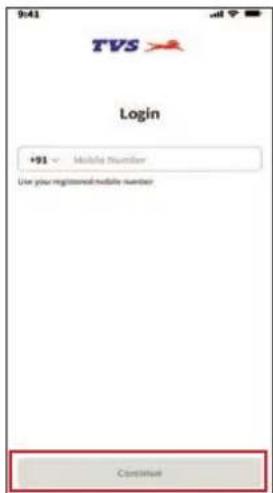 9:41 TVS Login +91 - Mobile Number Use your registered mobile number Continue