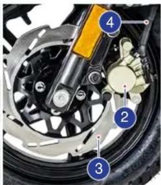 Labeled mechanical assembly diagram showing components of a motorcycle wheel and brake system
