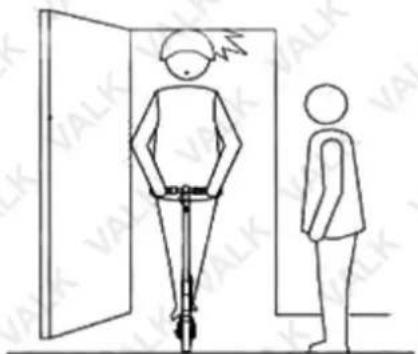 Diagram showing a person standing at the entrance of a door with a helmet, alongside a human silhouette and partial text 'VALK' visible.