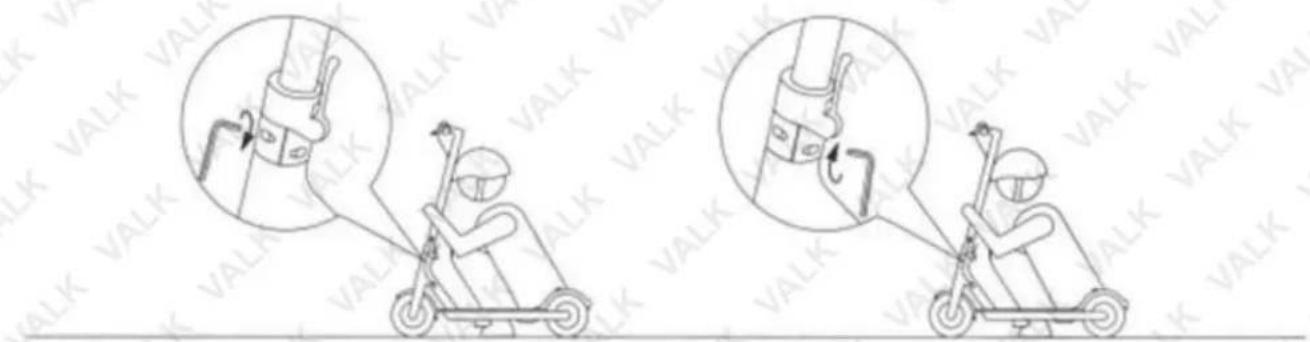 Diagram showing two steps of a scooter maneuvering with labeled parts and directional arrows indicating movement direction.