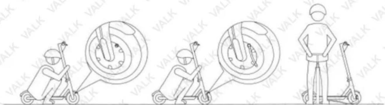 Diagram illustrating four stages of a scooter maneuvering, with labeled parts and directional arrows indicating motion sequence.