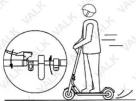 Diagram illustrating scooter motion with a person on a scooter and a circular inset showing rotational speed indicators.