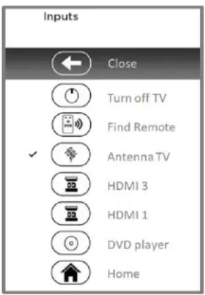 Inputs Close Turn off TV Find Remote Antenna TV HDMI 3 HDMI 1 DVD player Home