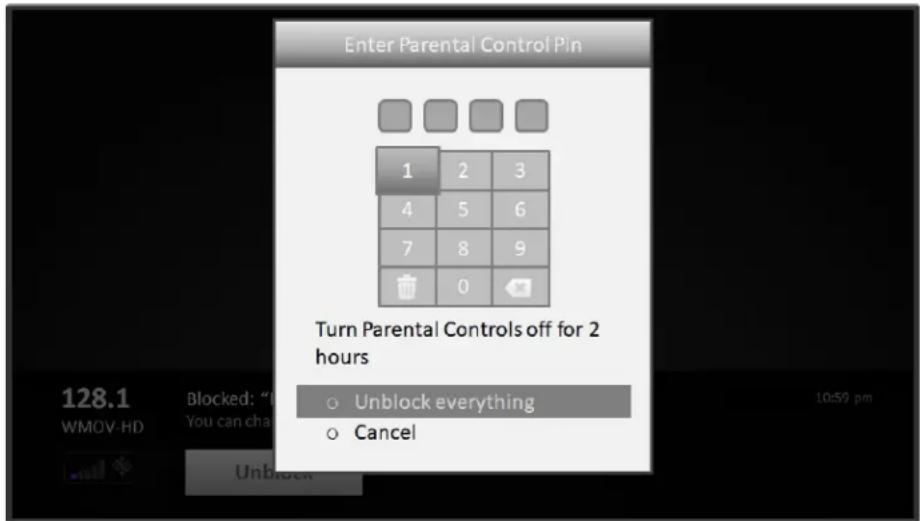 Enter Parental Control Pin 1 2 3 4 5 6 7 8 9 0 Turn Parental Controls off for 2 hours ○ Unblock everything ○ Cancel