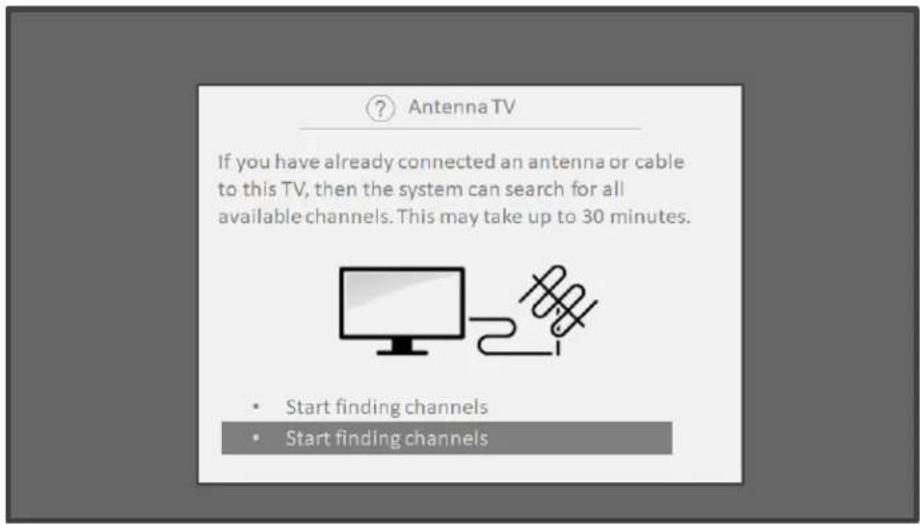 Antenna TV If you have already connected an antenna or cable to this TV, then the system can search for all available channels. This may take up to 30 minutes. • Start finding channels • Start finding channels