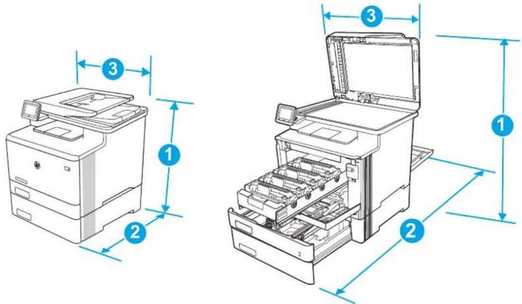 Technical diagram showing two views of a printer with labeled parts and dimension annotations