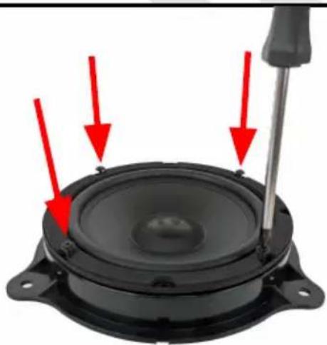 Close-up of a speaker component with red arrows indicating motion direction (no text or symbols)