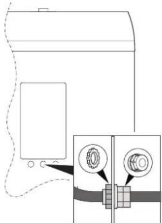 Diagram showing a device connected to a cable with two labeled components, including a gear icon and a magnified inset.