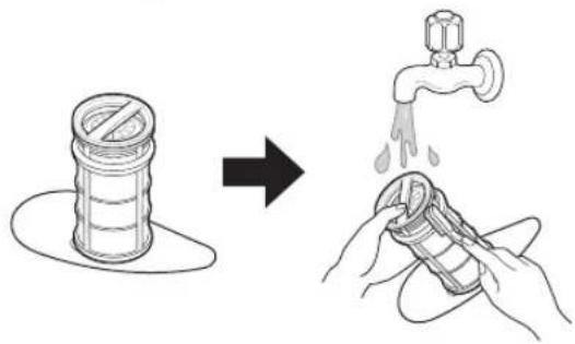 Illustration showing a can being removed from a faucet while holding a water can, illustrating the process of cleaning or disinfection.
